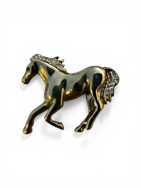 Vintage Gold Tone Horse Brooch Rhinestone Mane Tail Equestrian Pin